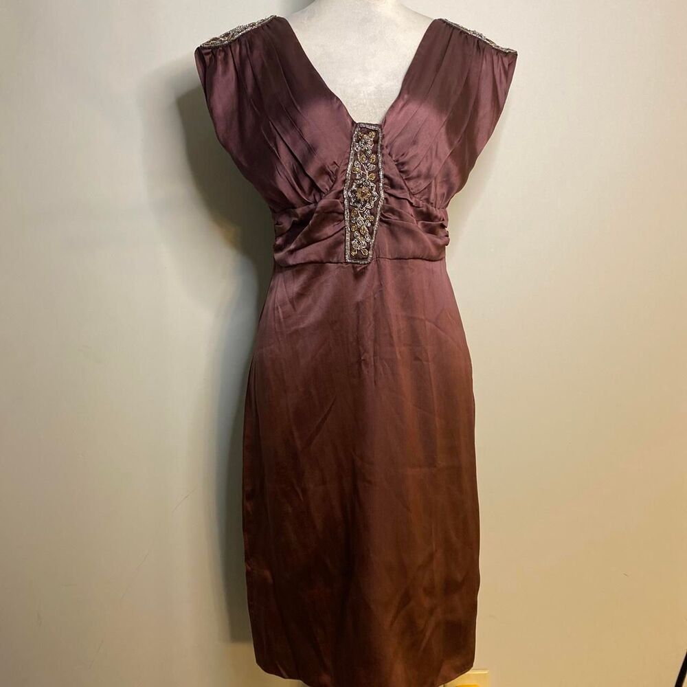 y2k euro brown pure silk midi dress with beaded embellishments with sexy deep v